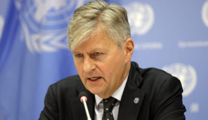 UNITED NATIONS, May 24, 2019 (Xinhua) -- Jean-Pierre Lacroix, UN Under-Secretary-General for Peacekeeping 0perations, speaks at a press conference on the occasion of the International Day of UN Peacekeepers at the UN headquarters in New York, May 24, 2019. Arrears in the UN peacekeeping budget jeopardize the capability of troop-and police-contributing countries in delivering on what is expected from them, said Jean-Pierre Lacroix on Friday. (Xinhua/Li Muzi/IANS)